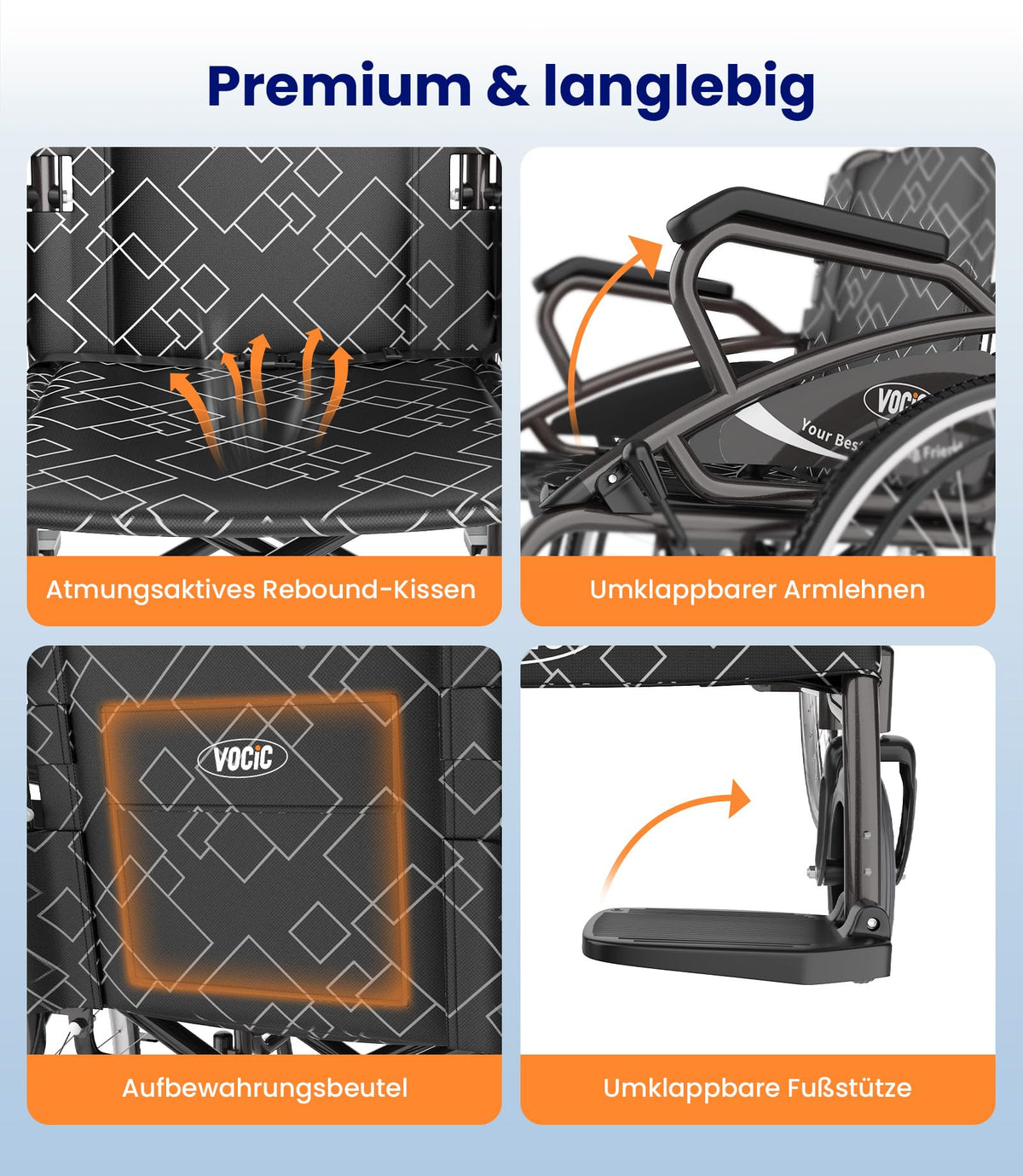 U31 Rollstuhl faltbar leicht mit Selbstantrieb 150kg 60cm Räder 46cm Sitz Doppelbremse 17,5kg outdoor Senioren