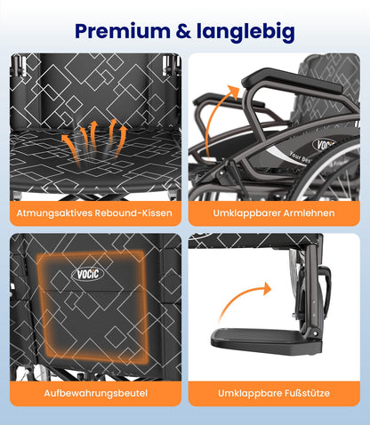 U31 Rollstuhl faltbar leicht mit Selbstantrieb 150kg 60cm Räder 46cm Sitz Doppelbremse 17,5kg outdoor Senioren