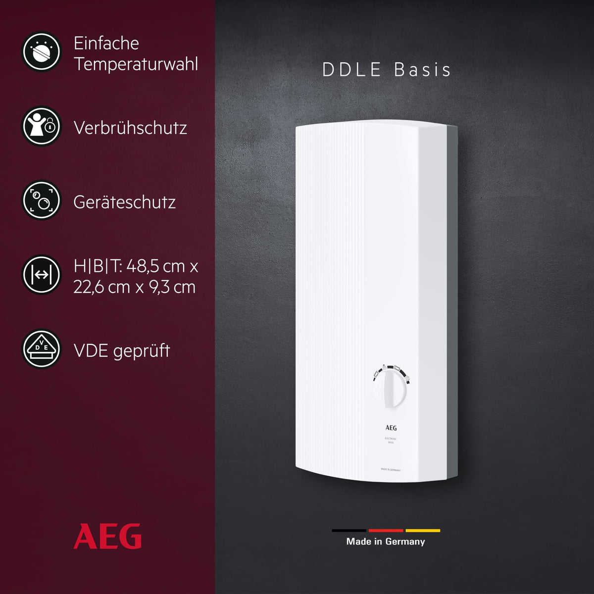 Durchlauferhitzer DDLE Basis 18/21/24 kW umschaltbar stufenlose Temperaturwahl 400V VDE Energieklasse A 222390