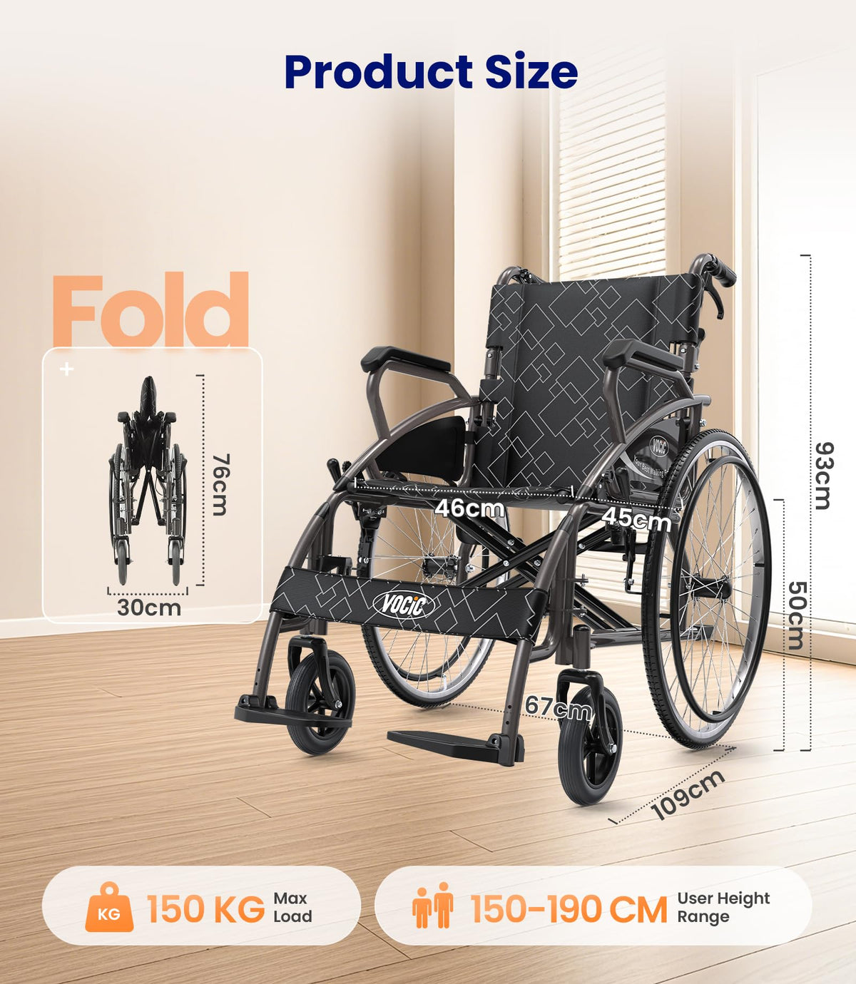 U31 Rollstuhl faltbar leicht mit Selbstantrieb 150kg 60cm Räder 46cm Sitz Doppelbremse 17,5kg outdoor Senioren