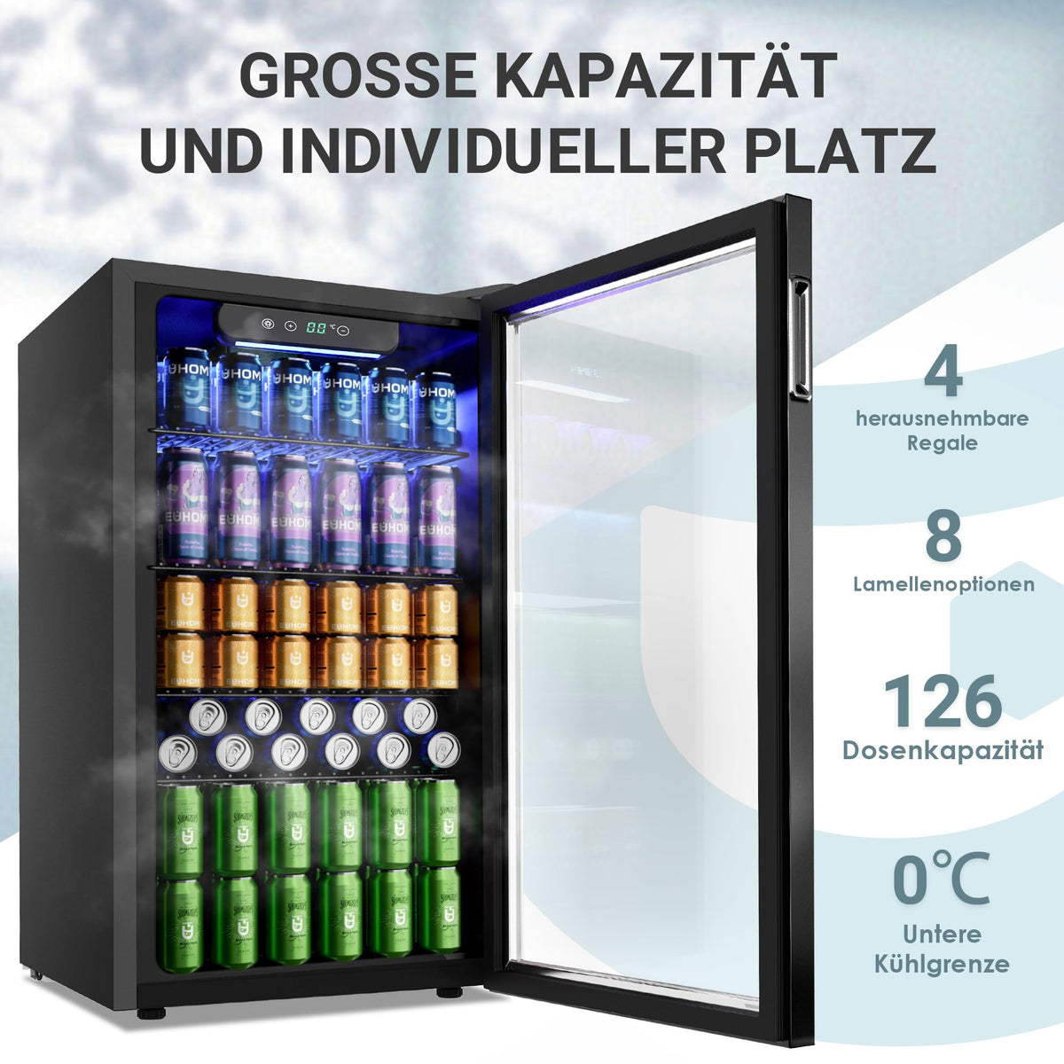 90L Mini Getränkekühlschrank für 126 Dosen mit Glastür verstellbare Regale Zuhause Bar Büro Schwarz Edelstahl