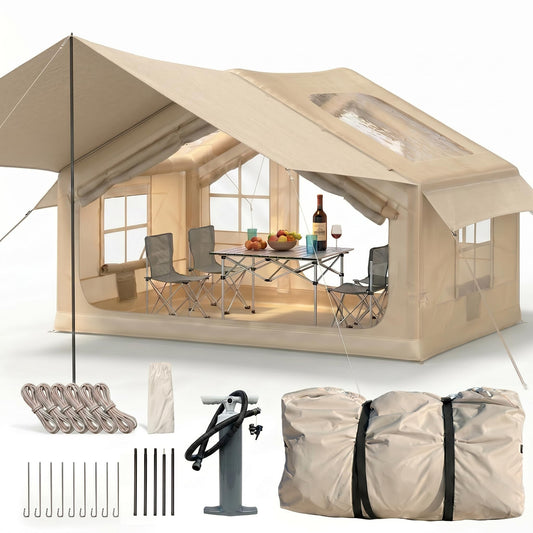 Luftzelt 3-4 Pers., 6,3m² Glamping mit Vorzelt, Kaminöffnung, 200cm Stehhöhe, 420D wasserdicht, inkl. Pumpe