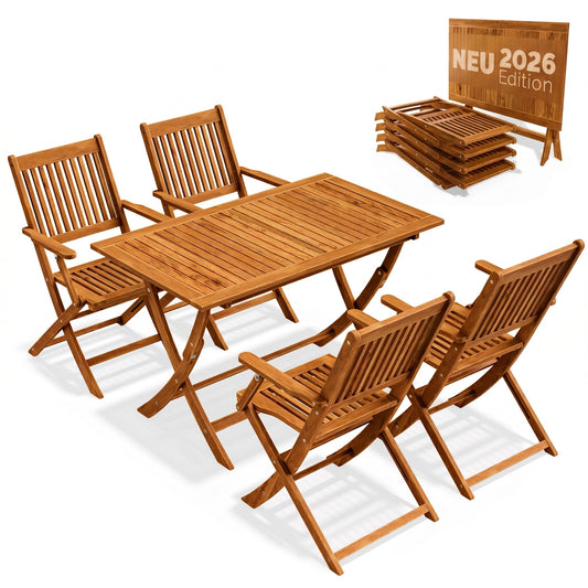 Gartentisch Set FSC zertifiziert 4 Personen 200 cm 160 kg wetterfest klappbar 5 tlg Akazie mit Armlehne braun