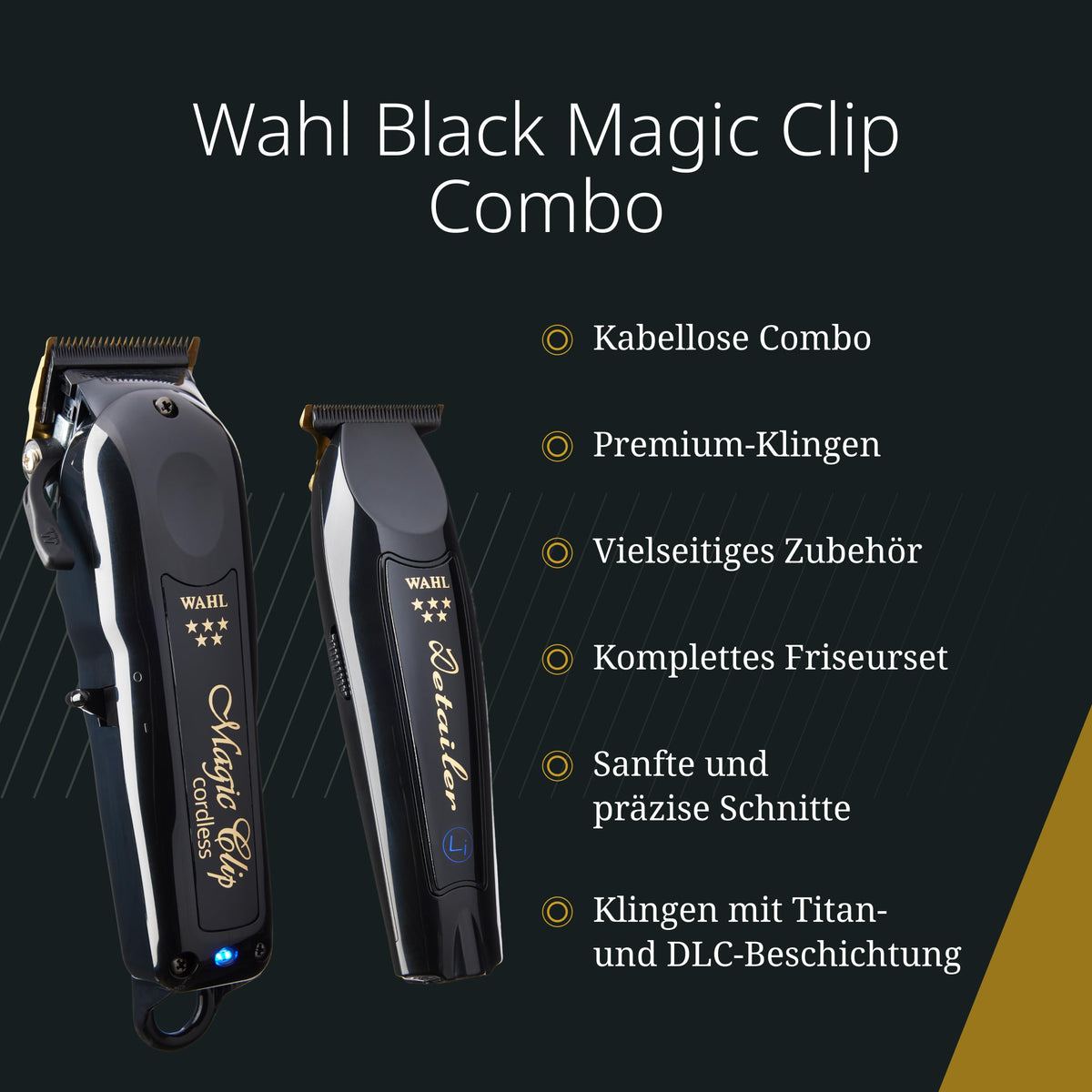Kabellose Barber Combo, Magic Clip und Detailer Li, Titan und DLC Klingen, 100 Min, 6 Aufsätze, Styling Kamm