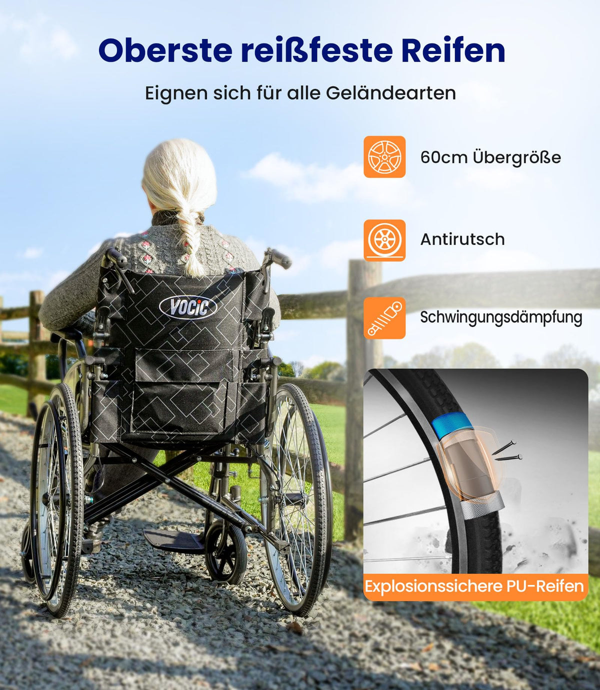 U31 Rollstuhl faltbar leicht mit Selbstantrieb 150kg 60cm Räder 46cm Sitz Doppelbremse 17,5kg outdoor Senioren