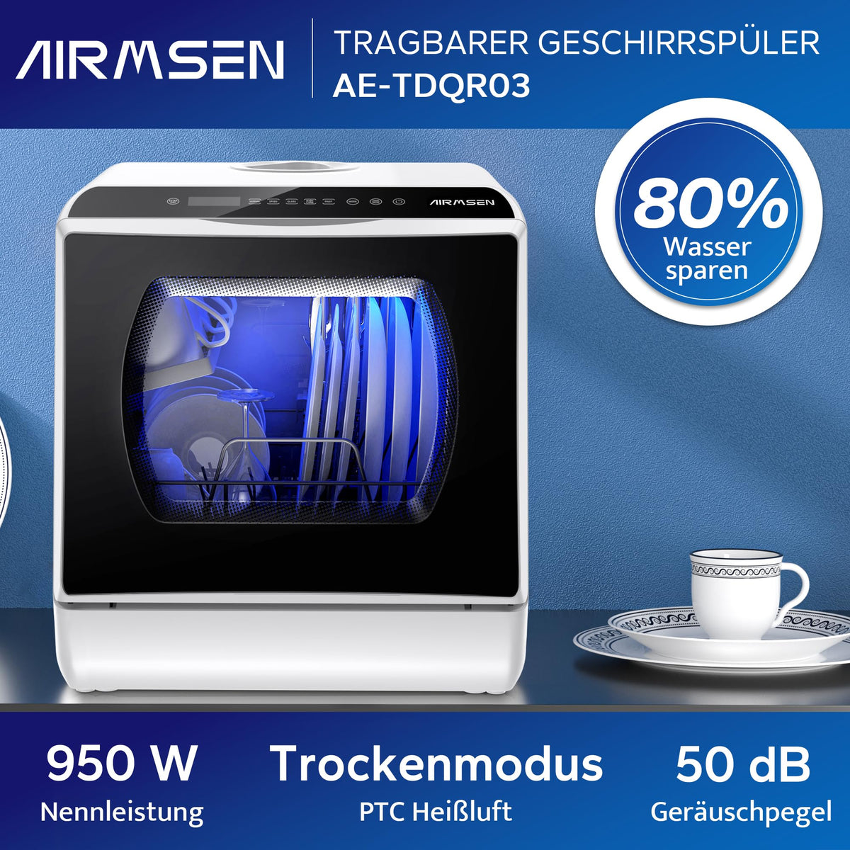 Mini Tischgeschirrspüler, 5+1 Programme, 5L Wassertank, Touch Control LED Display, Energieklasse D