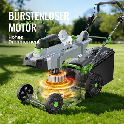 Akku Rasenmäher 40V 2x20V 43cm 500m² brushless mulch kit 50L Fangkorb 6 Schnitthöhen 2x4,0Ah mit Ladegerät