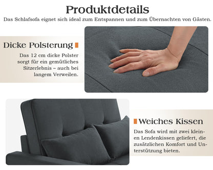 3 in 1 Schlafsofa 186 x 122 cm, Grau, verstellbare Rückenlehne, 12 cm Komfortpolster, Massivholz Metallrahmen