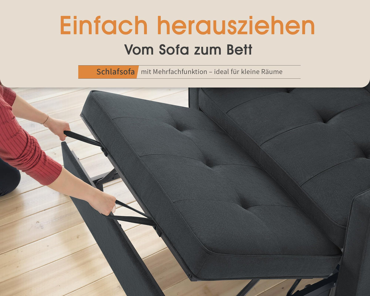 3 in 1 Schlafsofa 186 x 122 cm, Grau, verstellbare Rückenlehne, 12 cm Komfortpolster, Massivholz Metallrahmen
