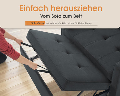 3 in 1 Schlafsofa 186 x 122 cm, Grau, verstellbare Rückenlehne, 12 cm Komfortpolster, Massivholz Metallrahmen