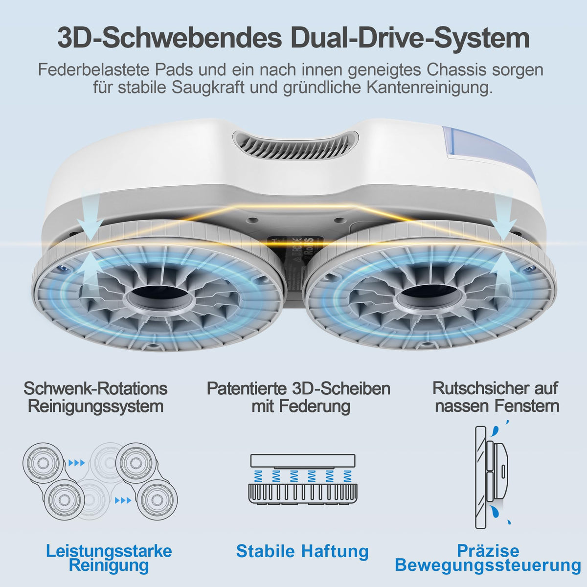 Fensterputzroboter S7 aktive Sprühfunktion 6500 Pa Saugkraft 3D Schwebepad 80 ml Tank Mehrfachschutz 8 Lappen