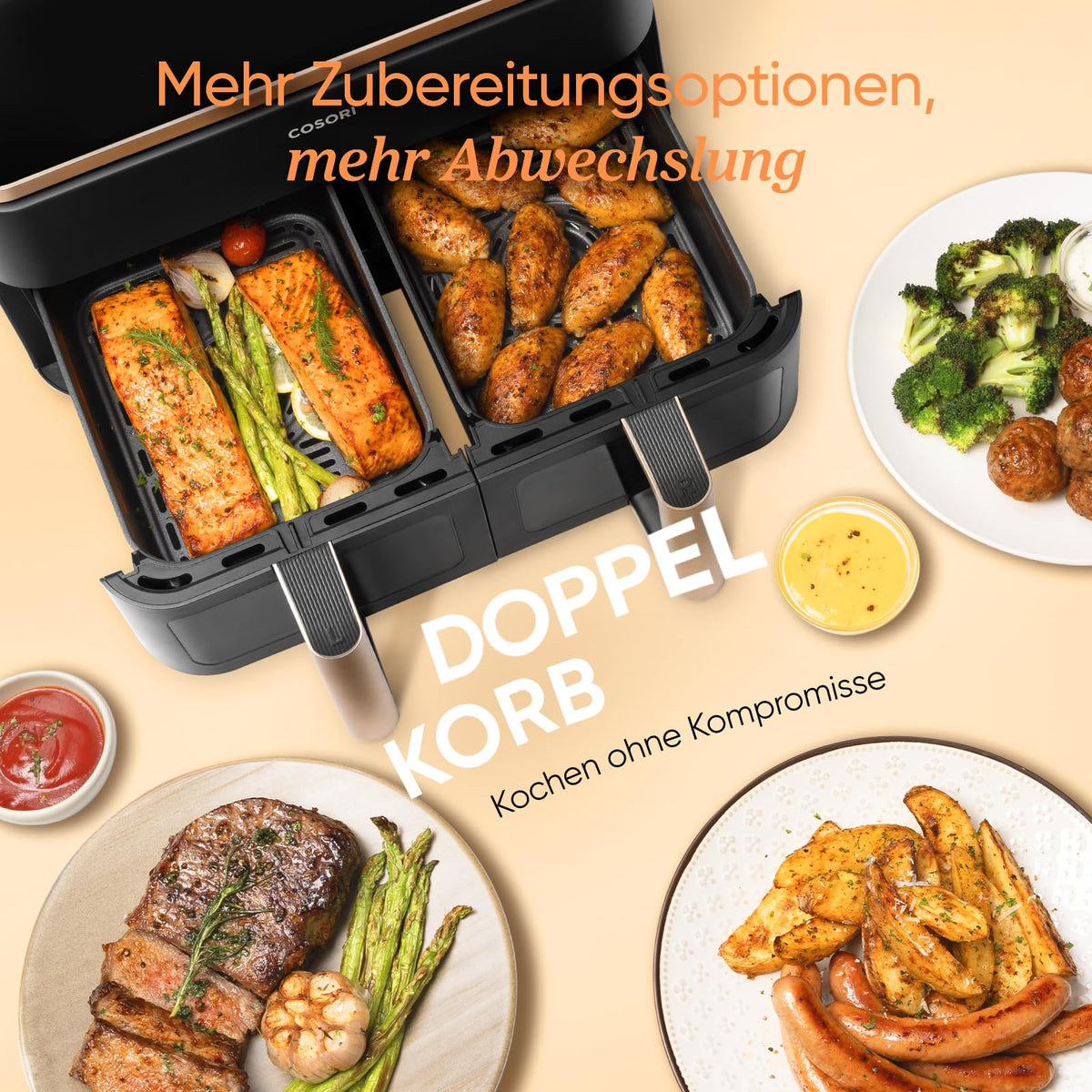 Airfryer, Mit Sichtfenster, 8,5L Heißluftfritteuse 2 Kammern, NTC-Tech für präzise Temperaturkontrolle, Gold