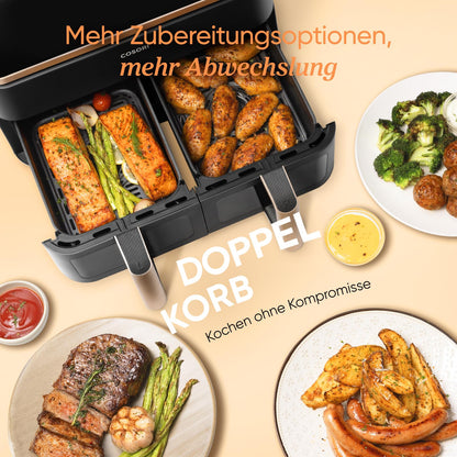 Airfryer, Mit Sichtfenster, 8,5L Heißluftfritteuse 2 Kammern, NTC-Tech für präzise Temperaturkontrolle, Gold