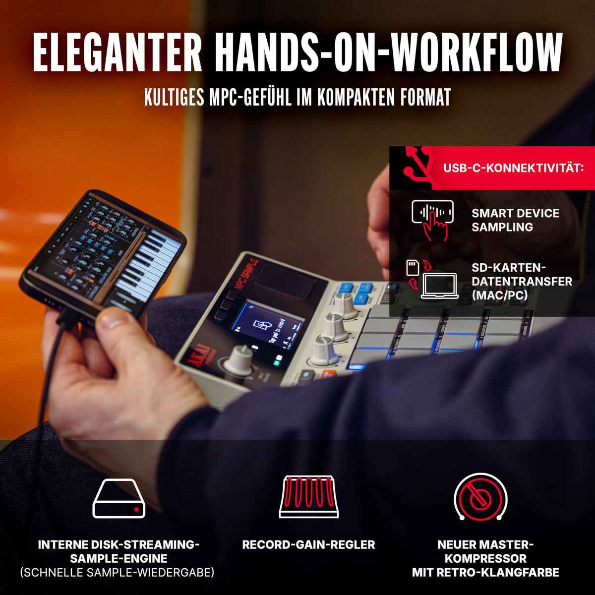 MPC Sample tragbarer Sampler Standalone Akku USB C Lautsprecher Mikrofon Sampling Sequencing Musikproduktion
