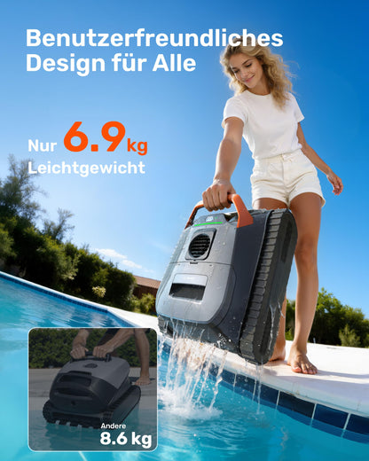 2026 Neu Akku Poolroboter 4in1 Wand Boden Wasserlinie Flachzone 200 Min 6,9 kg 3μm Filter bis 200m² Orange