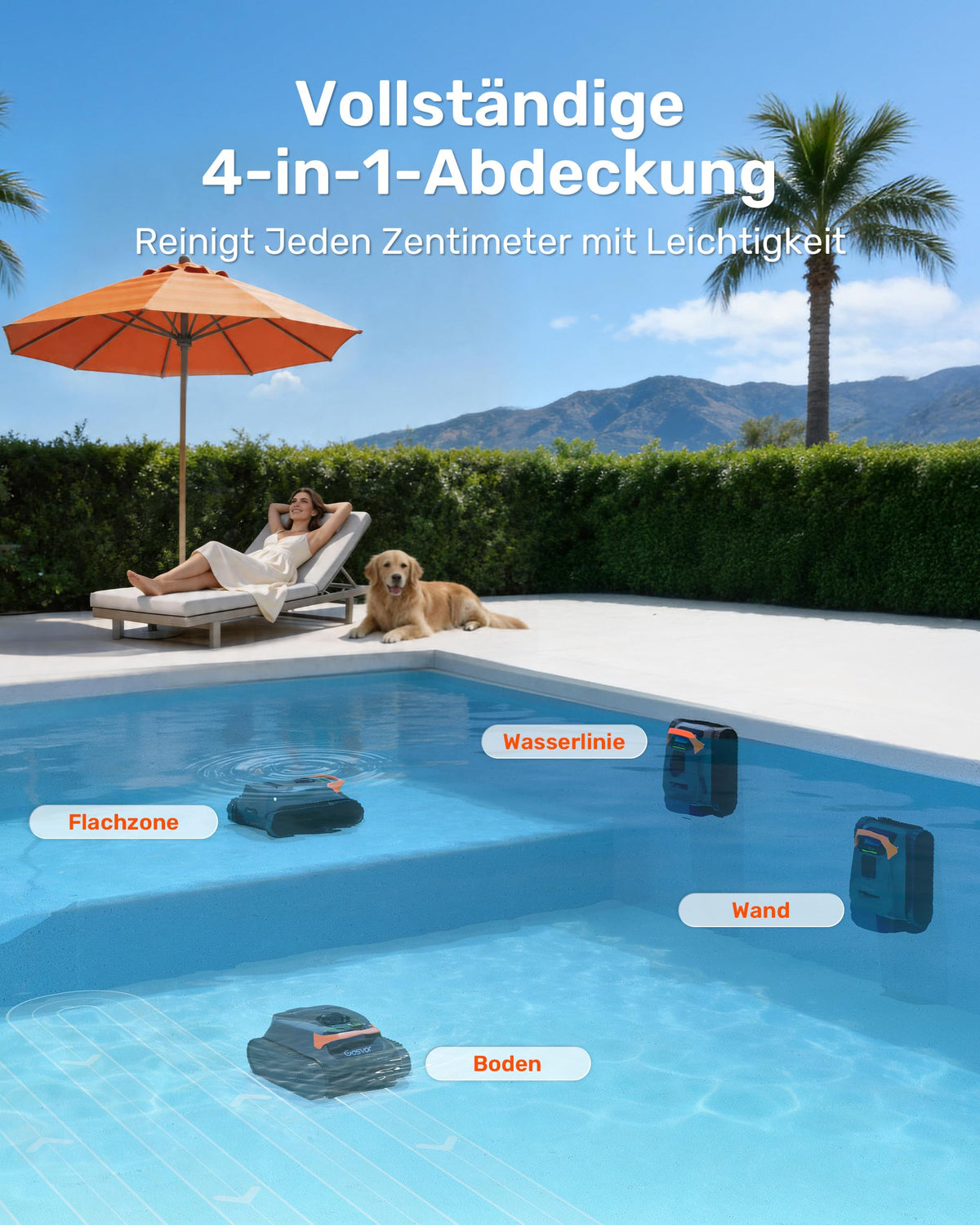 2026 Neu Akku Poolroboter 4in1 Wand Boden Wasserlinie Flachzone 200 Min 6,9 kg 3μm Filter bis 200m² Orange