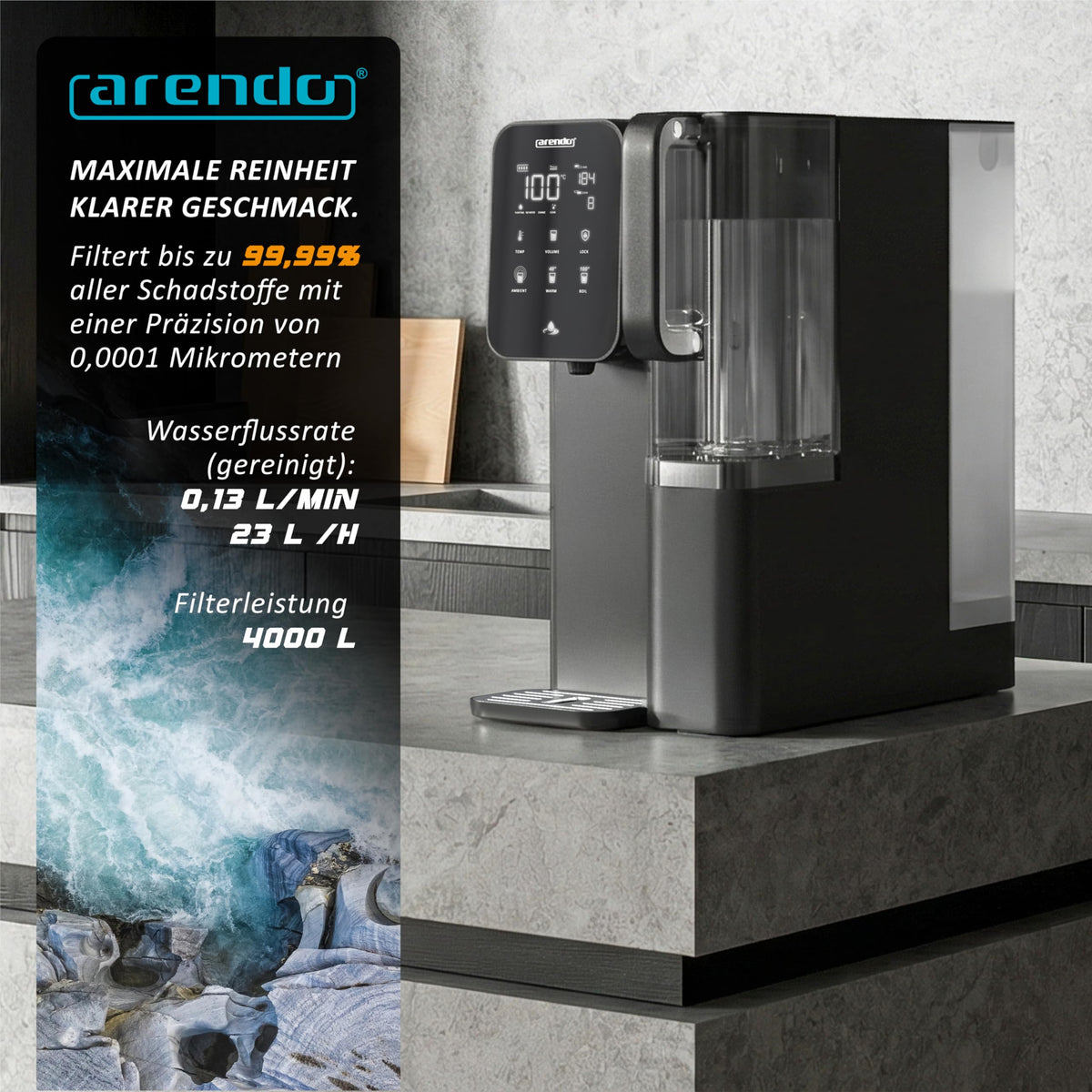 Osmoseanlage 99,99% reines Wasser, 7 Stufen Filter (5+2), montagefrei, Heißwasserspender 40 bis 100 °C, TDS