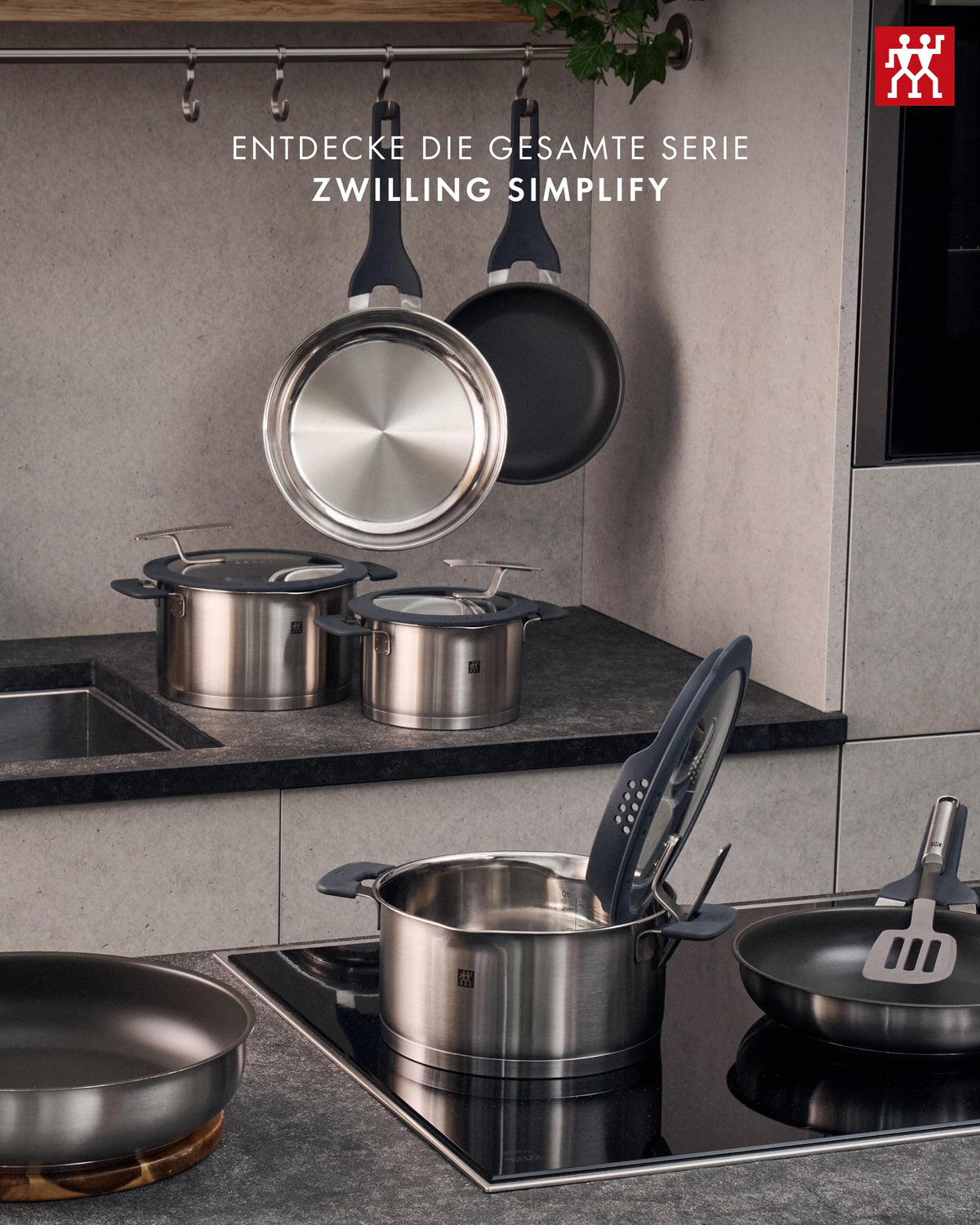 Simplify Kochtopf Set 5 teilig Integriertes Sieb Abgießfunktion Induktion Stay Cool Griffe Edelstahl Grau