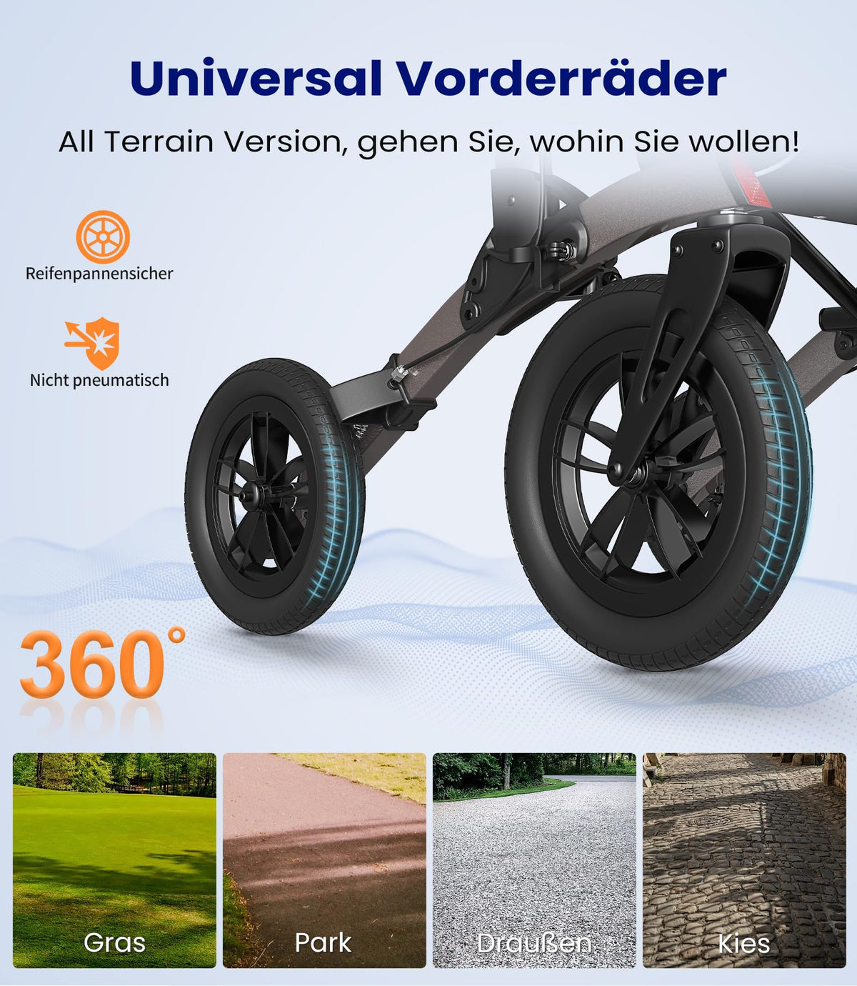 Rollator faltbar leicht mit Sitz Gummi Nonluftreifen höhenverstellbar Aluminium Grau Outdoor
