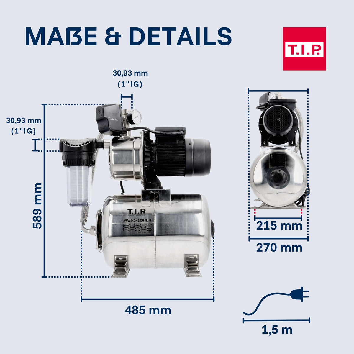 Hauswasserwerk HWW INOX 1300 Plus F 1200W Jet Pumpe 4350 l/h 50m Förderhöhe Druckkessel Vorfilter wartungsfrei