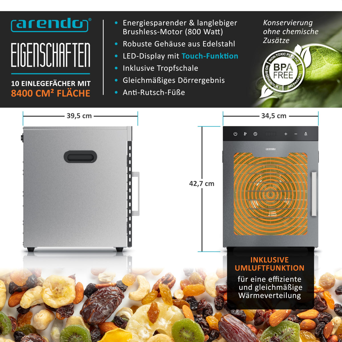 Edelstahl Dörrautomat Dehydrator, 10 Edelstahlgitter, 800 W, 35-85°C, 8400 cm², Obst, Fleisch, Pilze uvm.