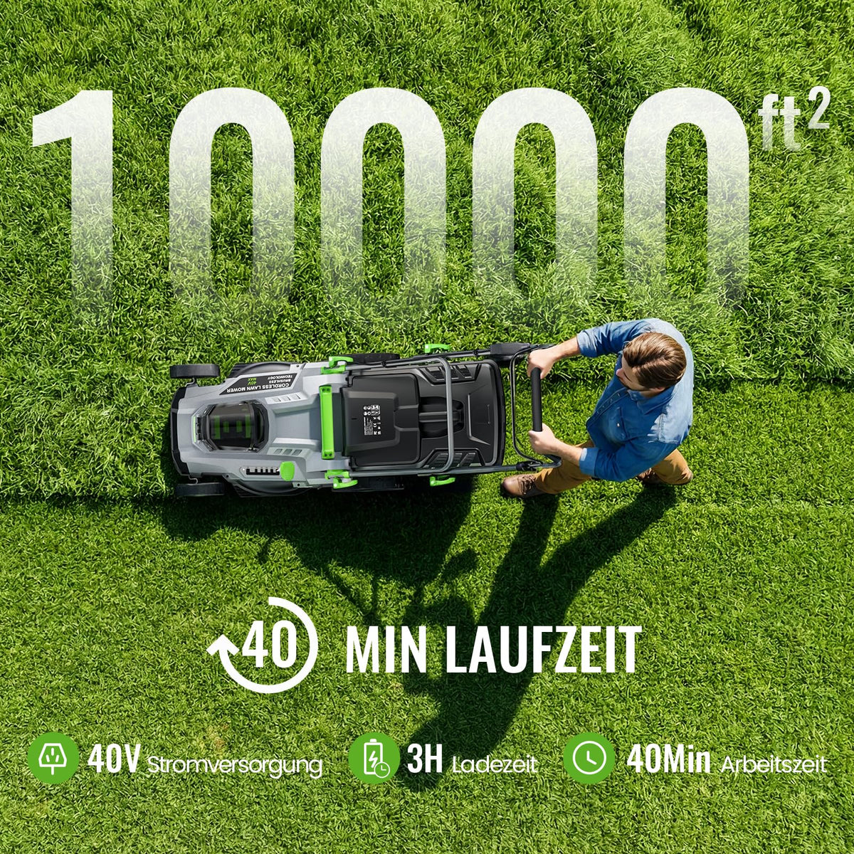 Akku Rasenmäher 40V 2x20V 43cm 500m² brushless mulch kit 50L Fangkorb 6 Schnitthöhen 2x4,0Ah mit Ladegerät