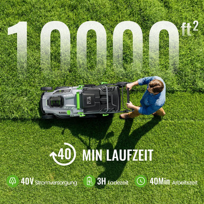 Akku Rasenmäher 40V 2x20V 43cm 500m² brushless mulch kit 50L Fangkorb 6 Schnitthöhen 2x4,0Ah mit Ladegerät