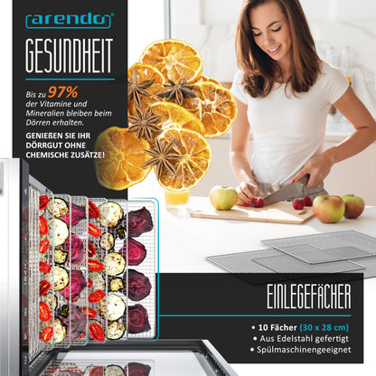 Edelstahl Dörrautomat Dehydrator, 10 Edelstahlgitter, 800 W, 35-85°C, 8400 cm², Obst, Fleisch, Pilze uvm.