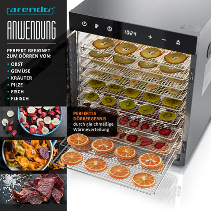 Edelstahl Dörrautomat Dehydrator, 10 Edelstahlgitter, 800 W, 35-85°C, 8400 cm², Obst, Fleisch, Pilze uvm.