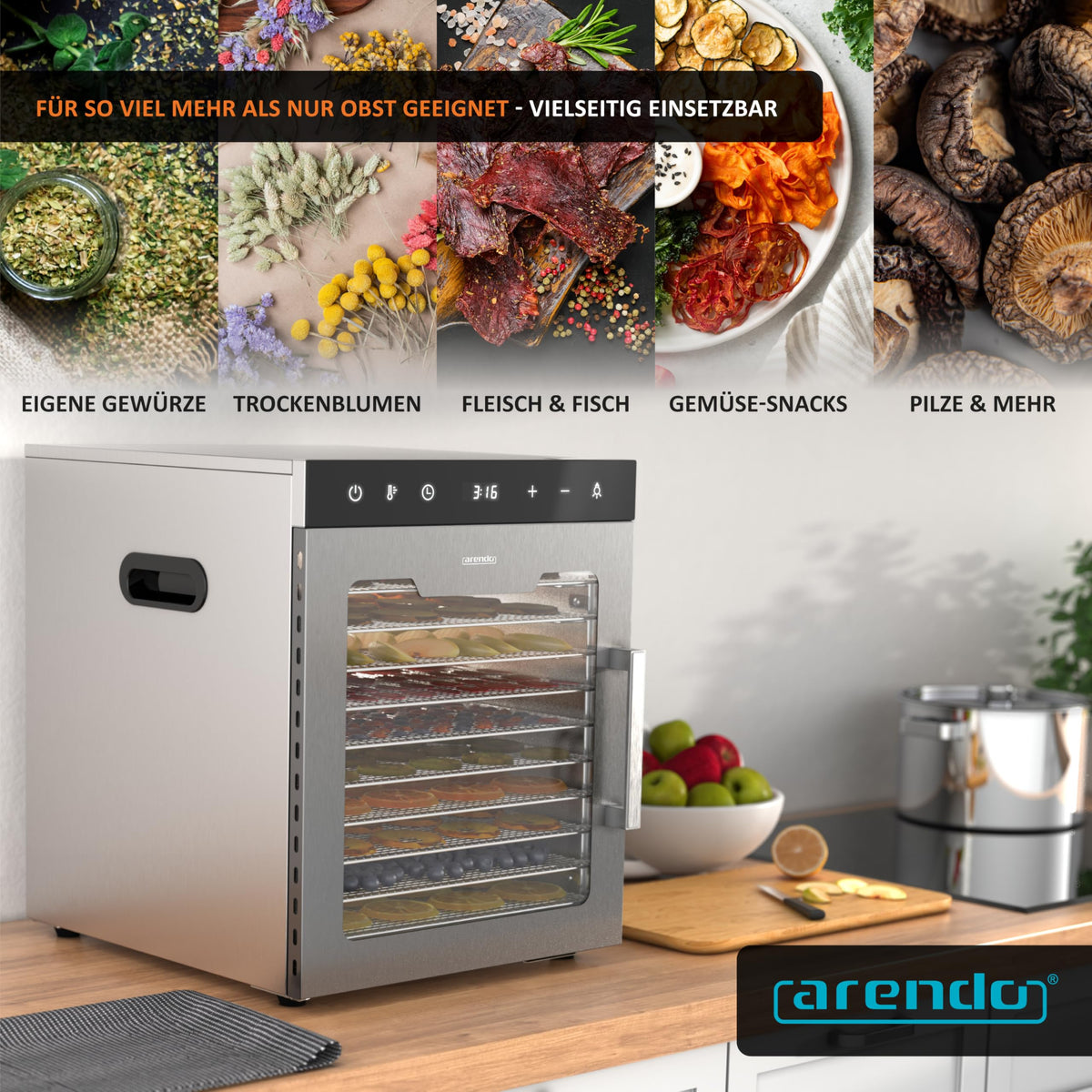 Edelstahl Dörrautomat Dehydrator, 10 Edelstahlgitter, 800 W, 35-85°C, 8400 cm², Obst, Fleisch, Pilze uvm.