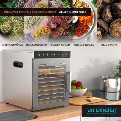 Edelstahl Dörrautomat Dehydrator, 10 Edelstahlgitter, 800 W, 35-85°C, 8400 cm², Obst, Fleisch, Pilze uvm.