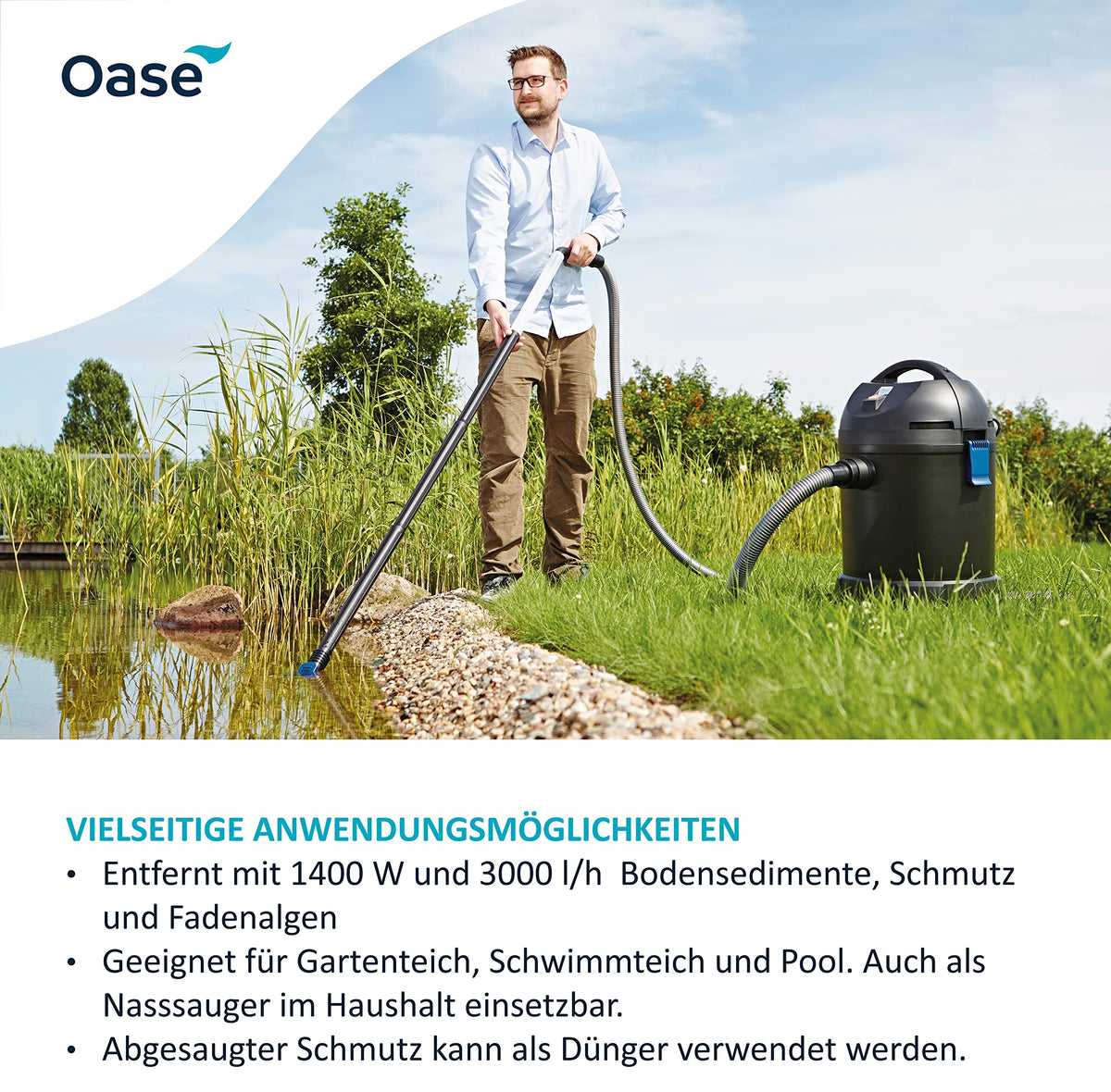 PondoVac Classic 50529 1400W 3000l/h Teichschlammsauger Wasseraufbereitung 4 Saugdüsen für Teich und Haushalt
