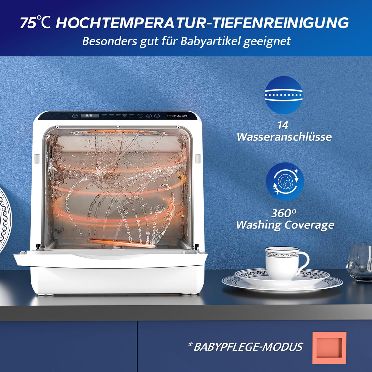 Mini Tischgeschirrspüler, 5+1 Programme, 5L Wassertank, Touch Control LED Display, Energieklasse D