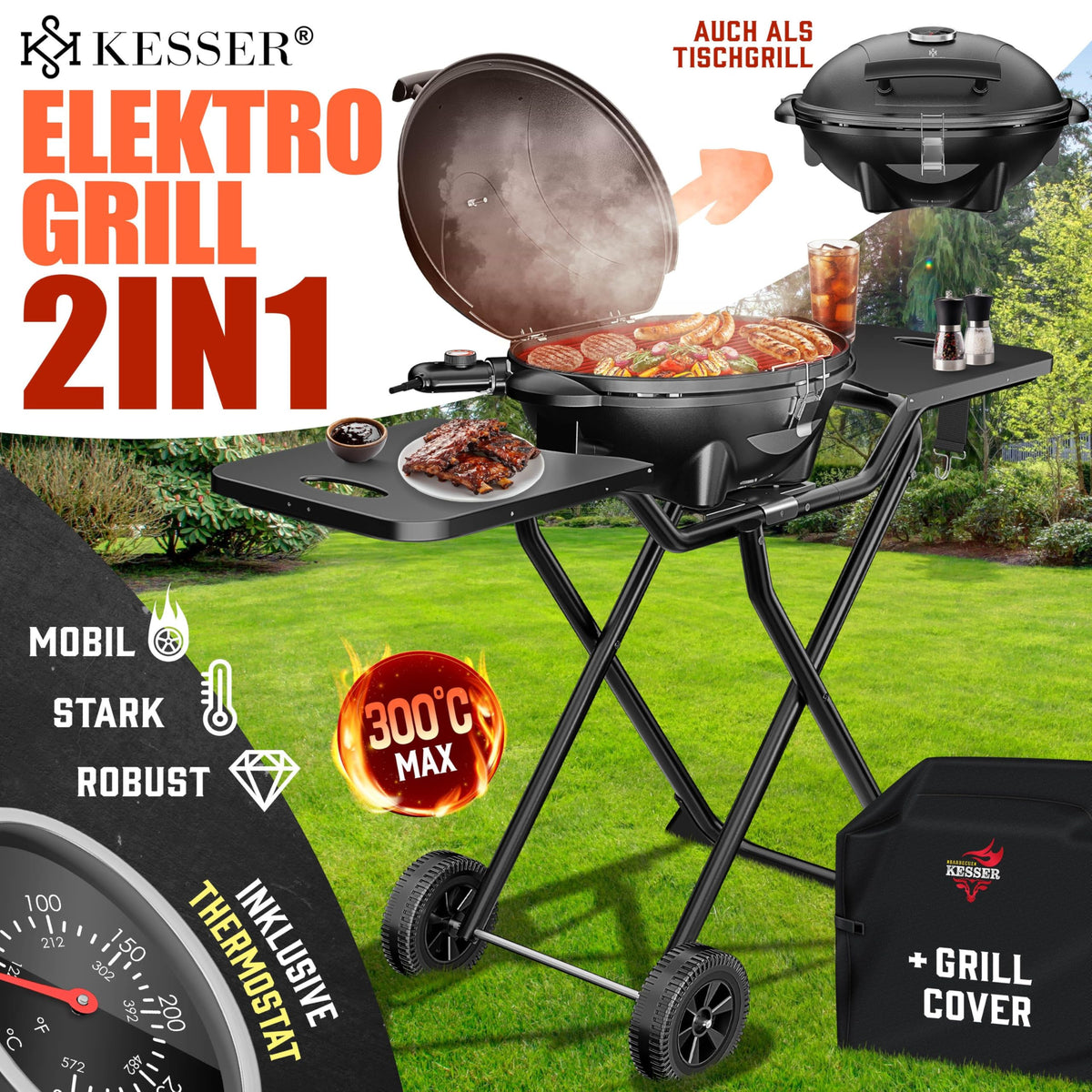 Elektrogrill 2in1 Tischgrill und Standgrill, 2400 W, Thermostat, Antihaftbeschichtung, für innen und außen