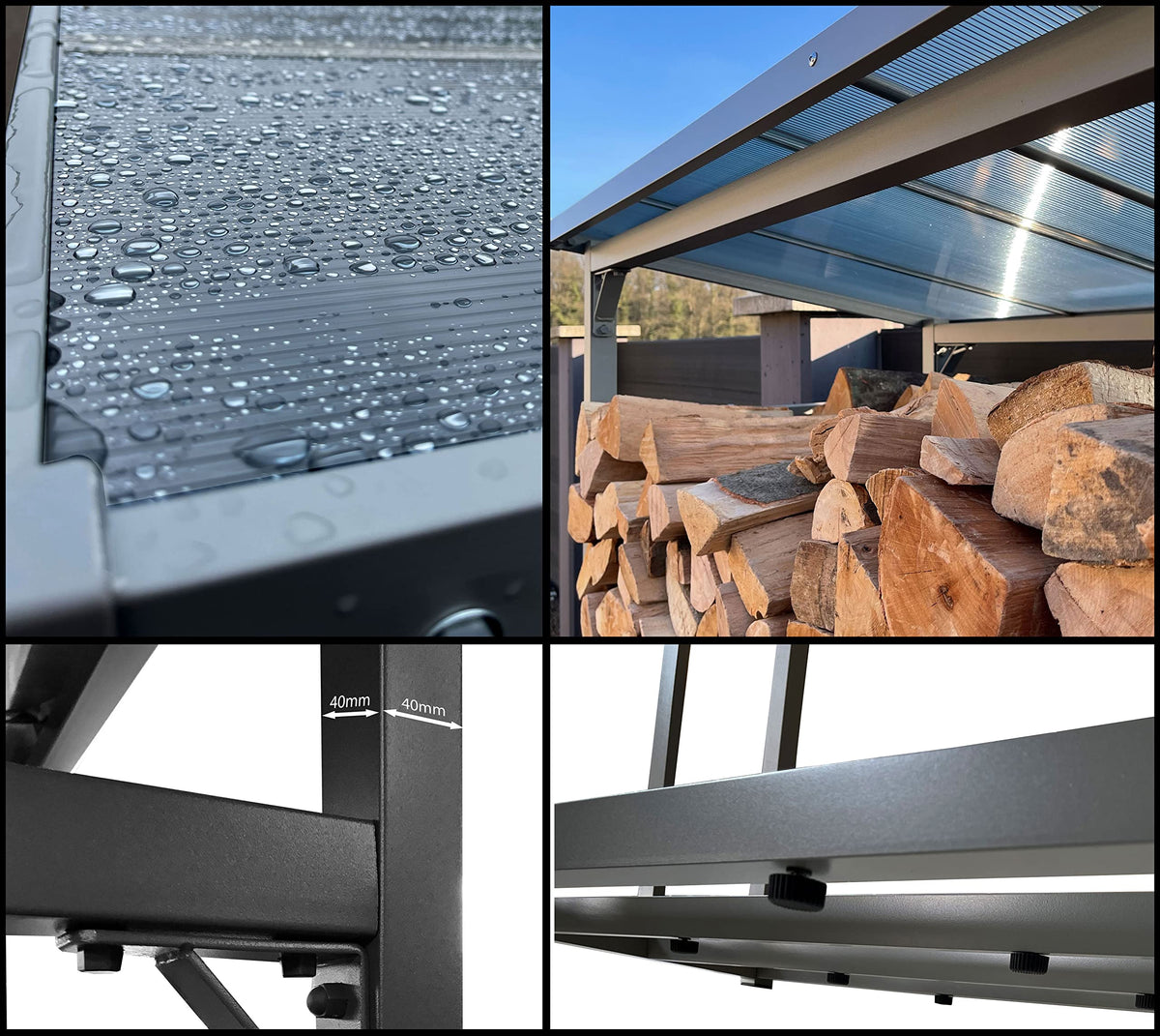 Metall Kaminholzregal außen 185x70x185 cm Pro 40 mm Stahlprofil Anthrazit wetterfest XXL 2,3 m³ Stapelhilfe