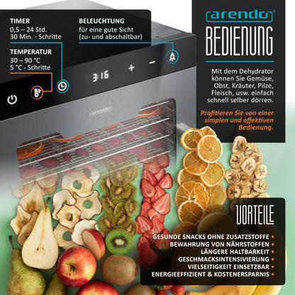 Edelstahl Dörrautomat Dehydrator, 10 Edelstahlgitter, 800 W, 35-85°C, 8400 cm², Obst, Fleisch, Pilze uvm.