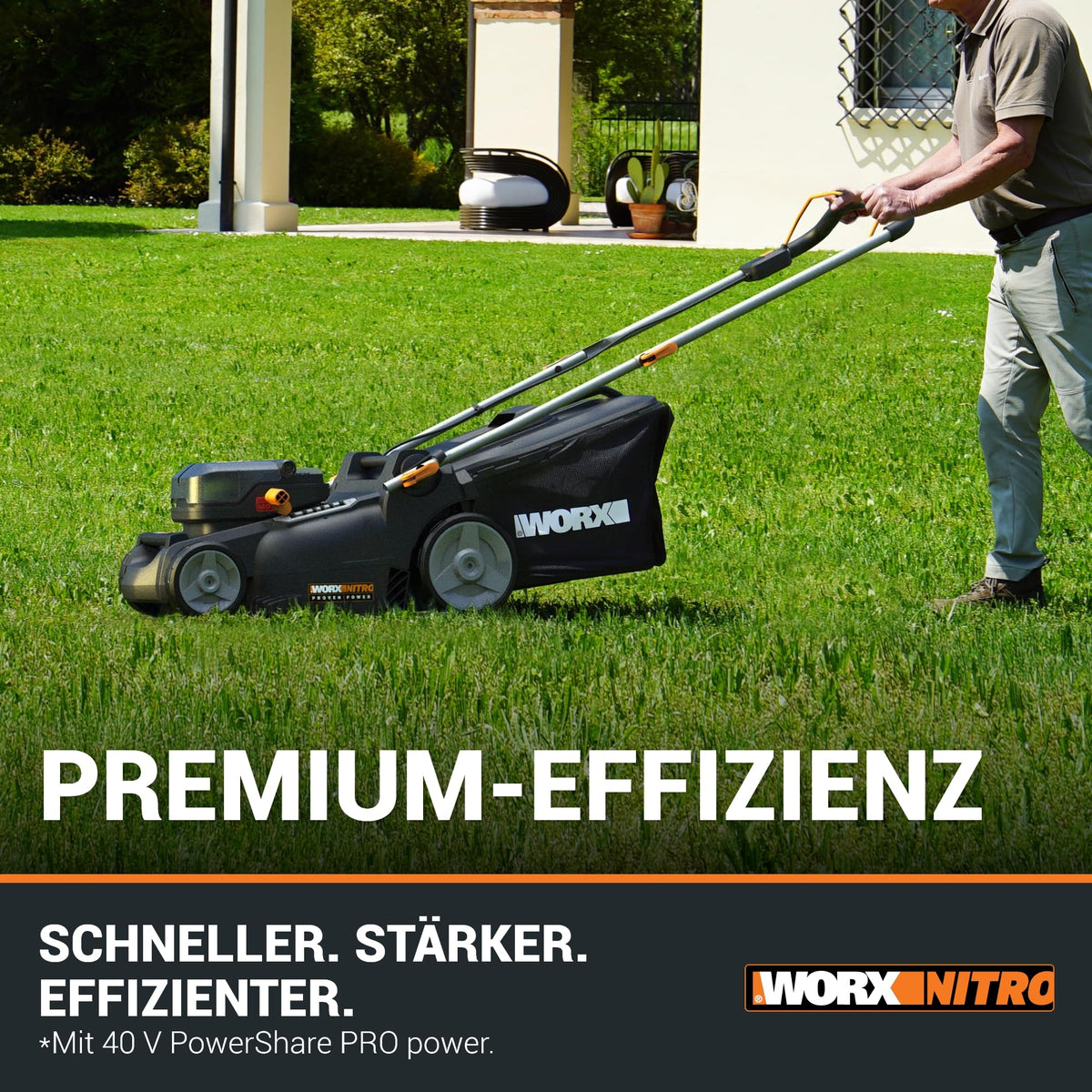 WG737E Nitro Rasenmäher 40V 2x20V bürstenlos 37cm Schnittbreite 6-fach 40L Fangsack mit 2x4Ah Akkus Dual-Lader