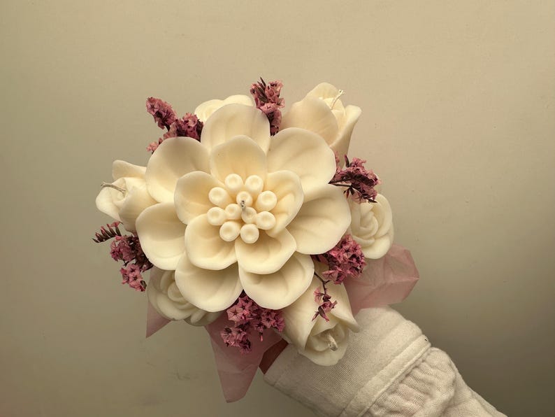 Rapswachs Kerzenstrauß mit Trockenblumen Tischdekoration Hochzeit 13-15 cm