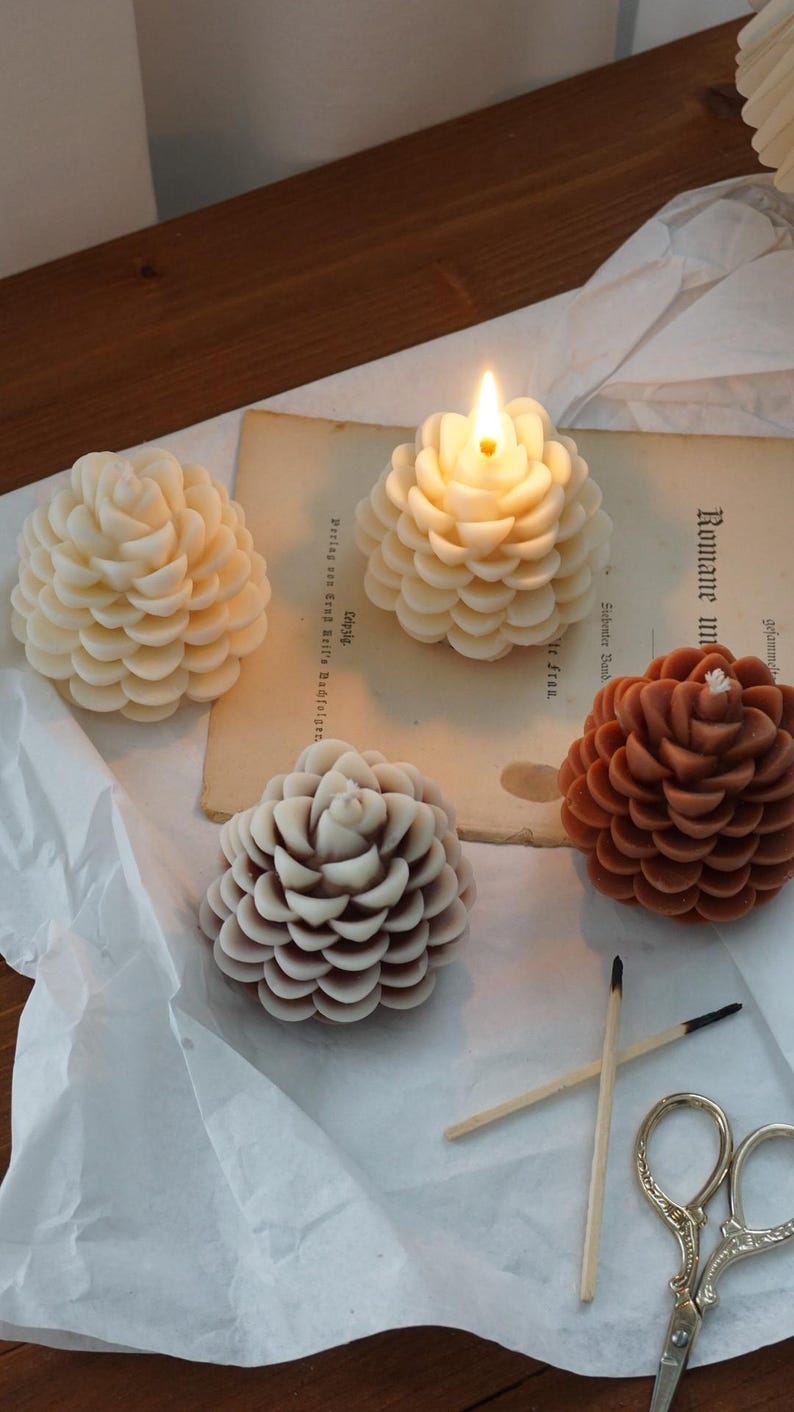 Tannenzapfen Kerze aus Rapswachs Kiefernzapfen Kerze Winter Deko Weiß Beige Schneeeffekt