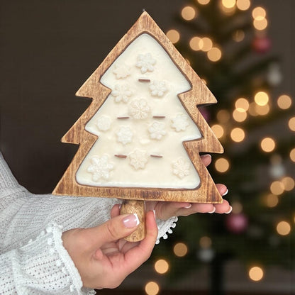 Weihnachtsbaum-Holzschale mit Schneeflocken oder Weihnachtsstern, Sojakerze, 100% natürliches Sojawachs, Holzdochte, 26 cm x 19 cm