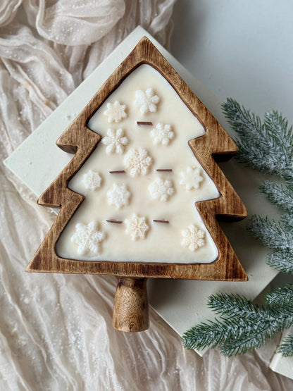 Weihnachtsbaum-Holzschale mit Schneeflocken oder Weihnachtsstern, Sojakerze, 100% natürliches Sojawachs, Holzdochte, 26 cm x 19 cm