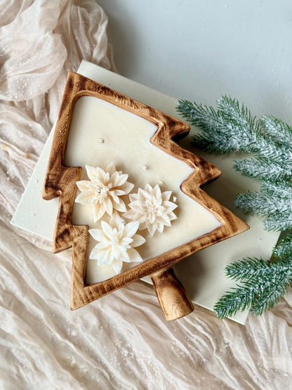 Weihnachtsbaum-Holzschale mit Schneeflocken oder Weihnachtsstern, Sojakerze, 100% natürliches Sojawachs, Holzdochte, 26 cm x 19 cm