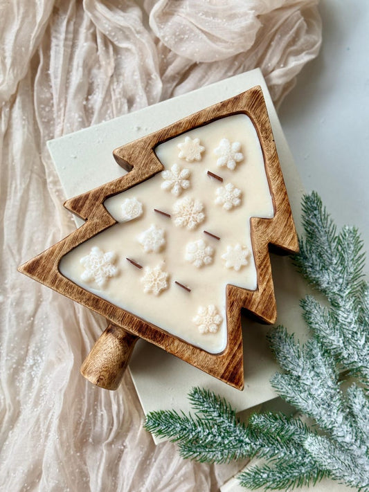 Weihnachtsbaum-Holzschale mit Schneeflocken oder Weihnachtsstern, Sojakerze, 100% natürliches Sojawachs, Holzdochte, 26 cm x 19 cm