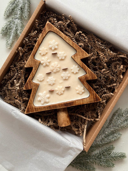 Weihnachtsbaum-Holzschale mit Schneeflocken oder Weihnachtsstern, Sojakerze, 100% natürliches Sojawachs, Holzdochte, 26 cm x 19 cm