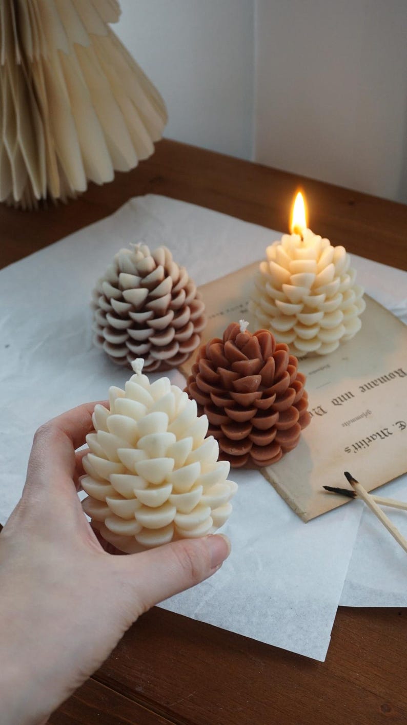 Tannenzapfen Kerze aus Rapswachs Kiefernzapfen Kerze Winter Deko Weiß Beige Schneeeffekt