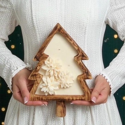Weihnachtsbaum-Holzschale mit Schneeflocken oder Weihnachtsstern, Sojakerze, 100% natürliches Sojawachs, Holzdochte, 26 cm x 19 cm