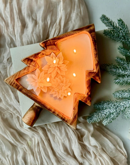 Weihnachtsbaum-Holzschale mit Schneeflocken oder Weihnachtsstern, Sojakerze, 100% natürliches Sojawachs, Holzdochte, 26 cm x 19 cm