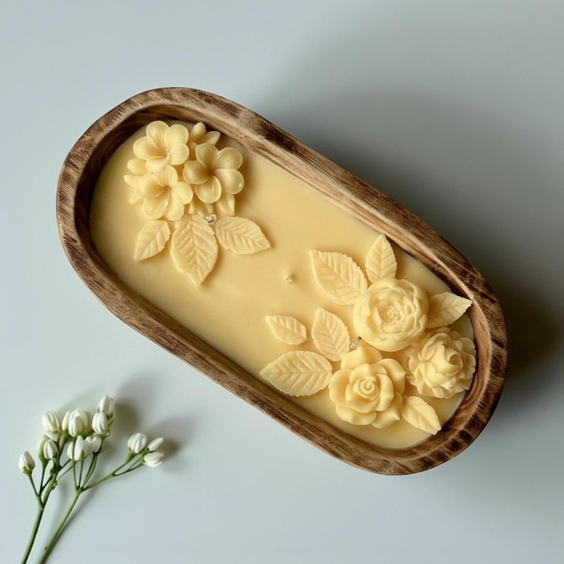 3-Docht Große Florale Teigschale Kerze, 3D Rose Blume Duftende Olivgrün Gelbe Kerze, Sojawachskerze Blumen-Wohnkultur