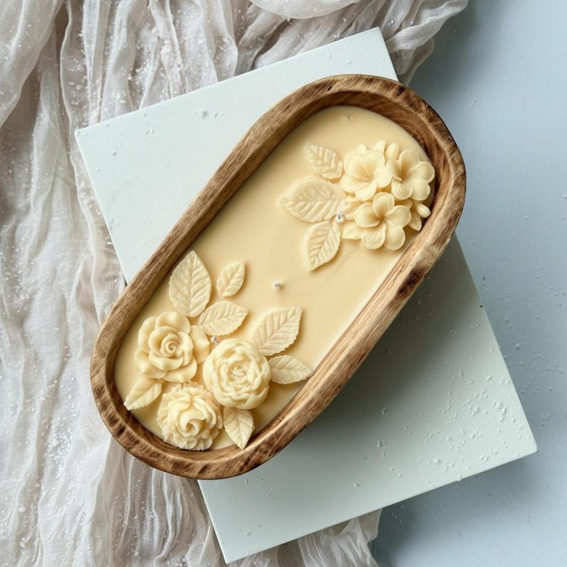 3-Docht Große Florale Teigschale Kerze, 3D Rose Blume Duftende Olivgrün Gelbe Kerze, Sojawachskerze Blumen-Wohnkultur