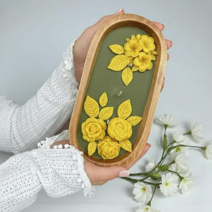 3-Docht Große Florale Teigschale Kerze, 3D Rose Blume Duftende Olivgrün Gelbe Kerze, Sojawachskerze Blumen-Wohnkultur